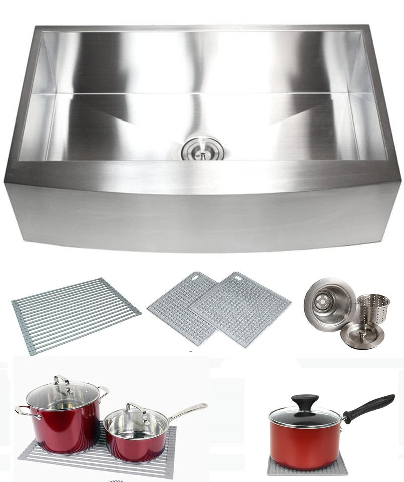 Combo de fregadero de granja de cocina delantal curvo de acero inoxidable de 36" Foto 1 de 1