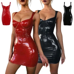 Womens Sexy PU Leather Wet Look Bodycon Party Cocktail Night Club Mini Dress UK - Picture 1 of 23