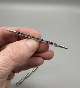 Vintage Art Deco Sterling Silver Bar Pin with Clear and Blue Glass Paste Stones - Picture 1 of 9