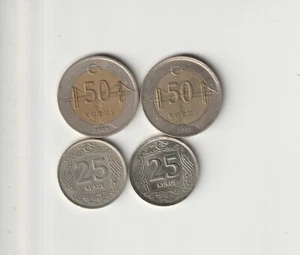Qty 4 Turkey Coin Lot 2009 - 2014 Turkish 50 & 25 Kurus Lira Coins Money Türkiye - Picture 1 of 4