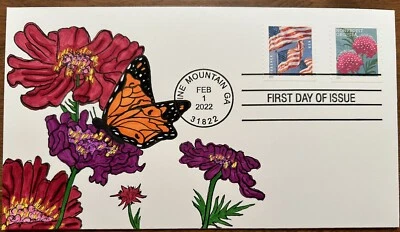 Flores de jardín mariposa 2022 5c, sin fines de lucro FDC dibujado a mano caché 1/1 monarca Foto 1 de 2