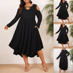 Plus Size Women Ladies Cold Shoulder Long Sleeve Dress Party A Line Skater Dress - Picture 1 of 18