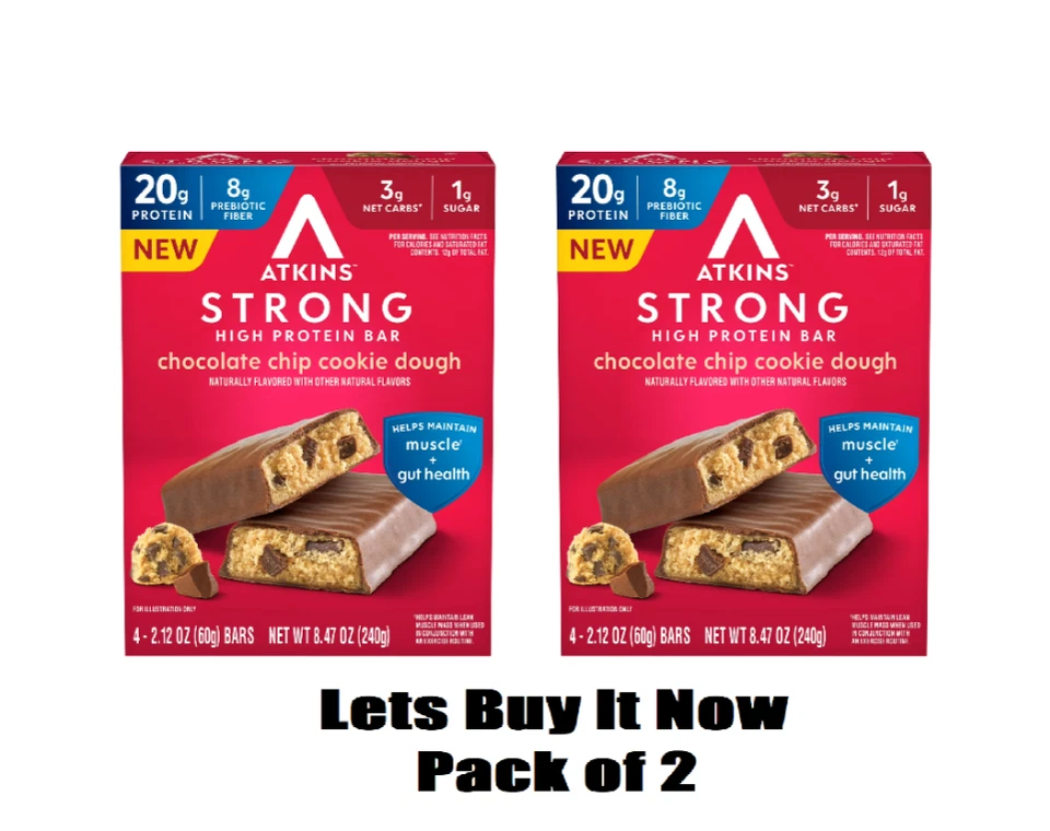 Barra de massa de biscoito Atkins Strong alta proteína chocolate chip, pacote com 4 unidades com 2 - Imagem 1 de 1