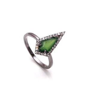 Natural Green Serpentine Kite Shape Ring Solid Silver Oxidized Vintage Jewelry - Picture 1 of 20