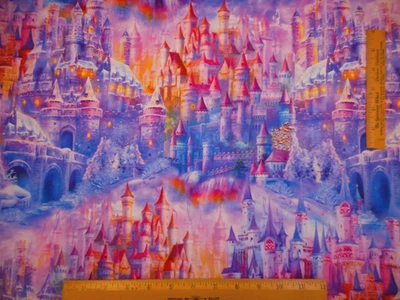Kaufman Fabric Short Yard Fantasy Castle Blue Purple Picture This Cotton N B - Image 1 of 3