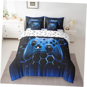 7 Pieces Blue Gaming Comforter Set Twin, Honeycomb Gamepad Bed Set for Kids - Picture 1 of 7