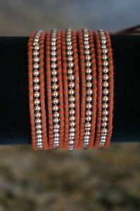 NEW Chan Luu Beige Pearl Semi Precious Stone Brown Leather 5 Wrap Bracelet W.Red