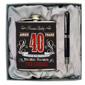 40th Fortieth Black Birthday Milestone Stainless Steel Hip Flask & Pen - Picture 1 of 1