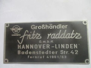 Typenschild Schild Hanomag Händlerschild Fritz Raddatz Hannover Linden S69 - Bild 1 von 1