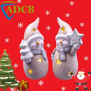 Xmas Christmas Decoration Ceramic Light Up Snowmen Light Up Ornament - Pair - Picture 1 of 13