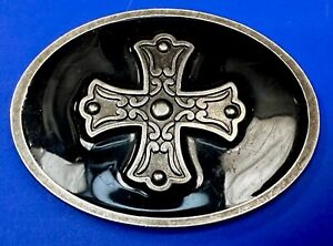 Celtic Cross - Enameled Black Silver Color Gothic Rider Oval Belt Buckle