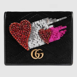 Gucci Limited Marmont Black Velvet Card Case Wallet w/Crystal Hearts 466492 1093 - Picture 1 of 9