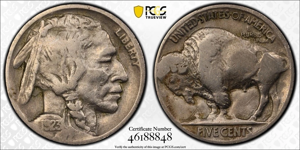 1923 USA Buffalo Nickel 5 Cent Coin - PCGS Genuine Cleaned-F Detail  - Image 1 of 3