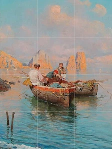 Mosaic Ceramic Panel of Capri Fishermen Backsplash Tile Wall Art Painting - Picture 1 of 3
