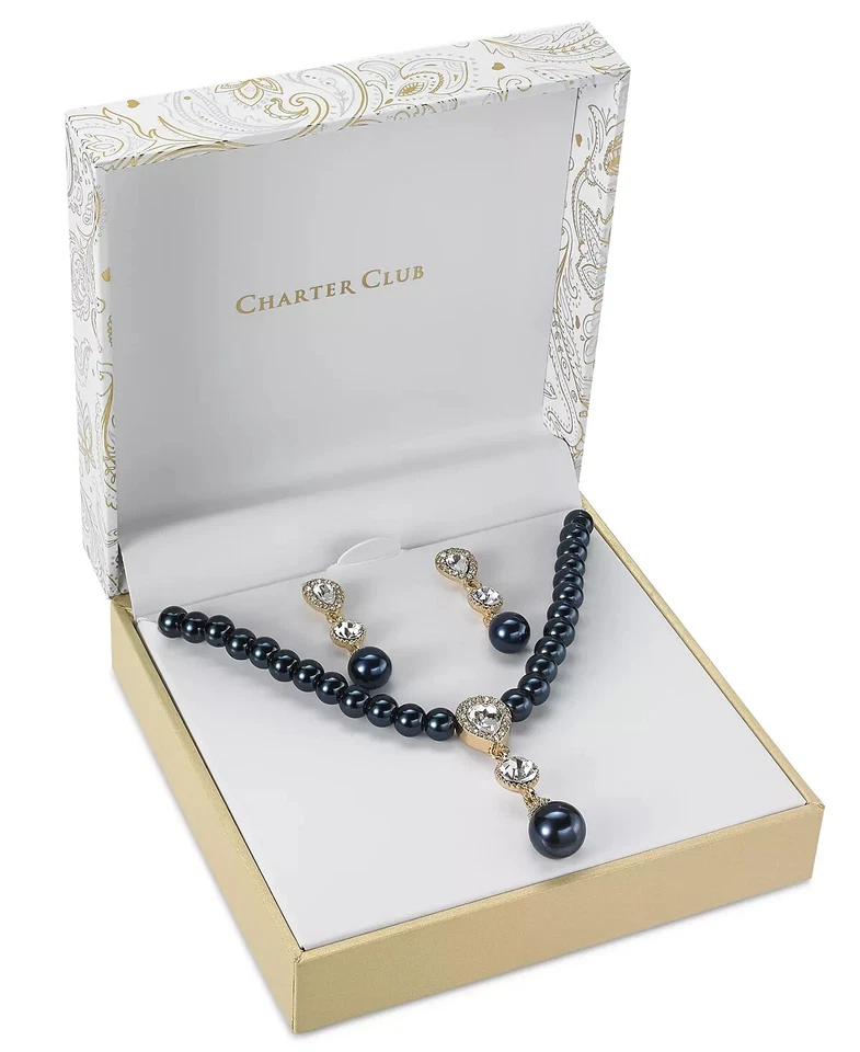Juego de pendientes colgantes y collar Charter Club, piedra circonita cúbica y perlas azules tono dorado Foto 1 de 2