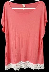 Moa 3XL pink scoop neck spandex stretch lace hem short sleeve top - Picture 1 of 6