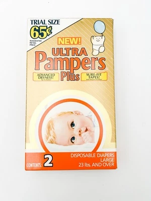 Pañales ULTRA Pampers Plus 1987 tamaño de prueba plástico NUEVO tamaño grande CAJA DE 2 NOS Foto 1 de 4