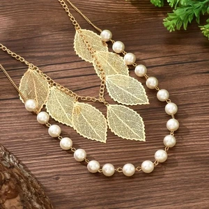 Imitation Pearl Leaves Pendant Necklace Multi Layer Hollow Out Necklace Girls - Picture 1 of 7