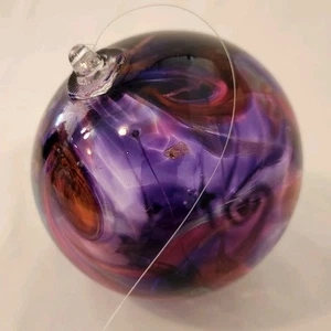 Hand Blown Art Glass Orb Purple Swirl Hanging Ornament Suncatcher Light 4" - Picture 1 of 3