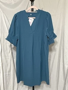 Wkior Short Sleeve Medium Dress for Women V Neck Casual Loose Flowy Swing Shift - Picture 1 of 12