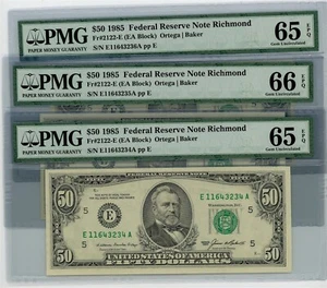 Fr. 2122-E $50 1985 Federal Reserve Note 3 Consecutive 65-66 EPQ PMG DC-2605 - Picture 1 of 2