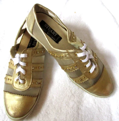 VINTAGE WOMENS DESIGNER STUART WEITZMAN GOLD LEATHER CRYSTAL MESH ATHLET SHOES 8 - Image 1 of 4