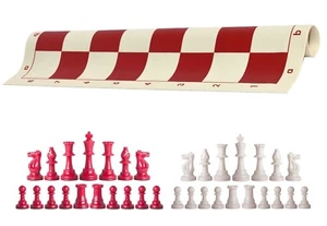 Piezas de ajedrez rojas y blancas y tablero de vinilo rojo de 20" - juego de ajedrez triple ponderado - Imagen 1 de 4