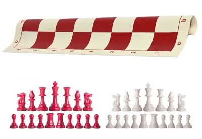 Piezas de ajedrez rojas y blancas y tablero de vinilo rojo de 20" - Juego de ajedrez de triple peso Foto 1 de 4