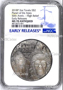 2018 Planet of the Apes 50th Ann. SILVER $2 2oz COIN NGC MS 70 ANTIQUED ER - Picture 1 of 6