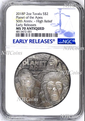 2018 Planet of the Apes 50th Ann. SILVER $2 2oz COIN NGC MS 70 ANTIQUED ER - Image 1 of 4