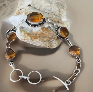 Orange Citrine Faceted Crystal Gemstone  Bracelet 20cm - 925 Silver Plated-New - Bild 1 von 4