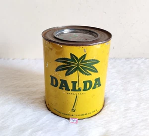 Vintage Dalda Vanaspati Ghee Advertising Tin Can Box Round Yellow Green TI624 - Picture 1 of 9