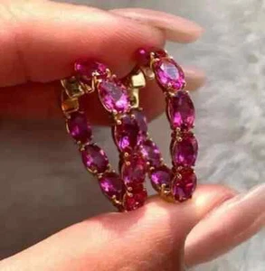 Women's Hoop Earring 2Ct Oval Cut Lab Created Pink Ruby 14K Yellow Gold Plated - Picture 1 of 5