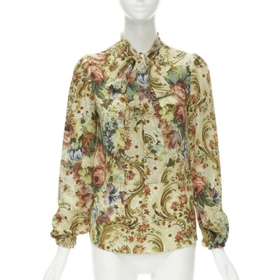 DOLCE GABBANA 100% Seda Tapiz Estampado Floral Corbata Cuello Blusa Top Camisa IT36 XS Foto 1 de 4