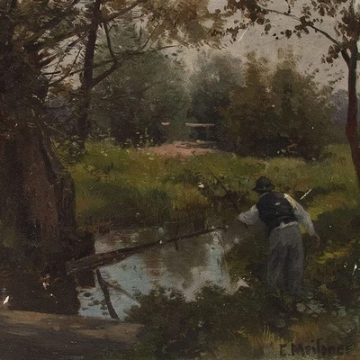 Ernst Adolph Meissner Flößer Öl auf Malpappe signiert Kopfweide 2. Hälfte 19. Jh - Bild 1 von 4