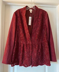 Chico's Faux Suede and Lace Peplum Holiday Jacket Sz 1 (8-10) Red Maple NWT $169 - Picture 1 of 9