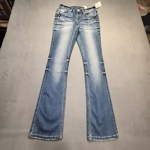 NWT Pire Jeans Womens 27 Blue Treasure Mini Boot Cut Stretch Distressed Denim - Picture 1 of 11