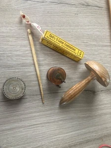 Vintage Sewing Tools, Treen Tape Measure fishing reel style MOP Pin Cuchion, etc - Picture 1 of 15