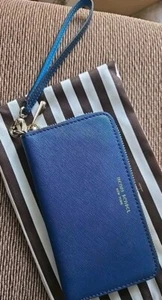 Henri Bendel Blue Saffiano Leather Zip Around Small Wallet Clutch Wristlet - Picture 1 of 5