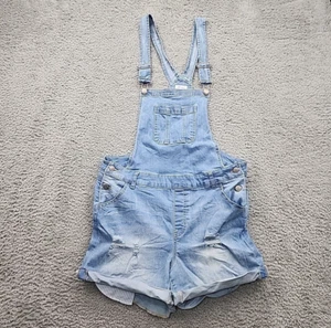 Wax Jeans Overalls Womens Size 1XL Blue Denim Bib Shorts Wash Cuffed Stretchy - Picture 1 of 13