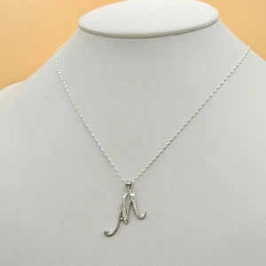 Solid 925 Sterling Silver CZ Initial Cursive Letter Pendant Chain Necklace A B C - Picture 1 of 11