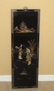 VINTAGE HONG KONG INLAID MOP LACQUER WOOD ASIAN FIGURES WALL HANGING (35") - Picture 1 of 9