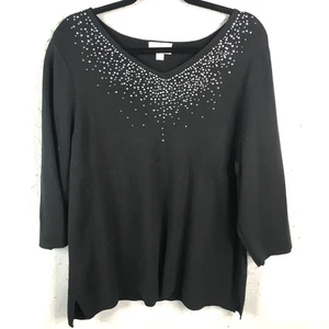 Quacker Factory Sweater Womens 1X Plus Size Black Silver Bling Cotton Casual - Picture 1 of 18
