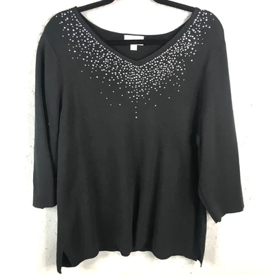 Quacker Factory Sweater Womens 1X Plus Size Black Silver Bling Cotton Casual - Image 1 of 4