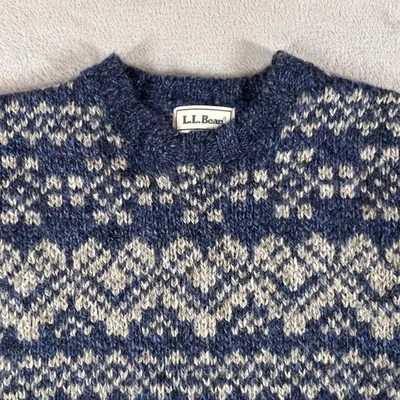 L.L. Suéter Bean para mujer grande azul Fair Isle cuello redondo mezcla de lana suéter tejido Foto 1 de 4