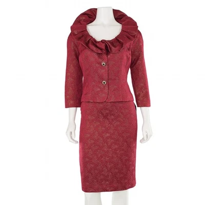 St. John Knits 2Pc Brocade Evening Skirt Suit w/ Ruffle Collar sz 4 in Red/Gold - Image 1 of 4