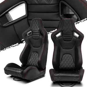 2X Black PVC+Red Stitching & Bottom Carbon Fiber Reclinable Leather Racing Seats - Bild 1 von 10