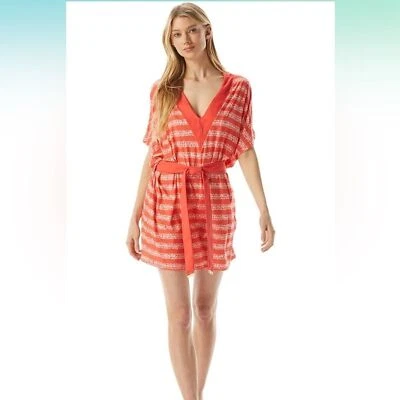 Túnica Michael Kors Kytoto listrada gola V com cinto cobertura sangria M/L nova com etiquetas - Imagem 1 de 4