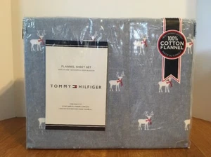 Tommy Hilfiger Heavyweight Flannel Sheet Set Twin Blue/Grey w/ Reindeer Deer NIP - Picture 1 of 4
