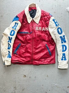 Vintage 60s Honda Racing Embroidered Leather Patchwork Jacket Rare Red Spell Out - Picture 1 of 11